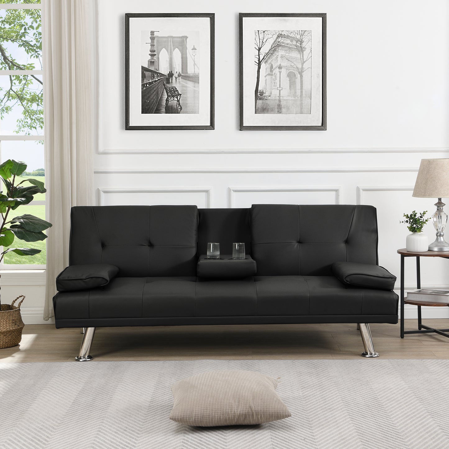 Modern Linen Upholstered Convertible Folding Futon Sofa Bed with Removable Armrests, Metal Legs, 2 Cup Holders for Living Room