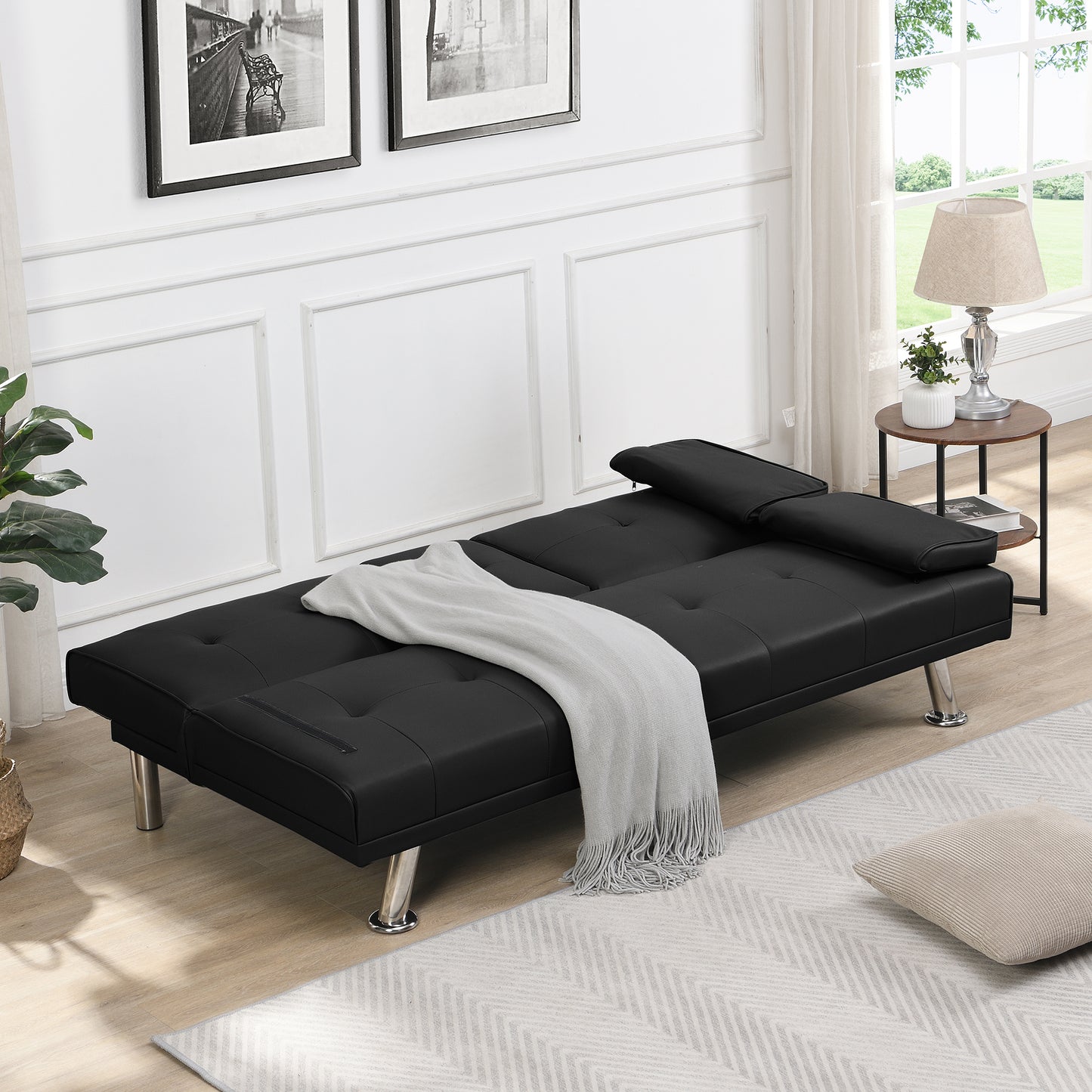 Modern Linen Upholstered Convertible Folding Futon Sofa Bed with Removable Armrests, Metal Legs, 2 Cup Holders for Living Room