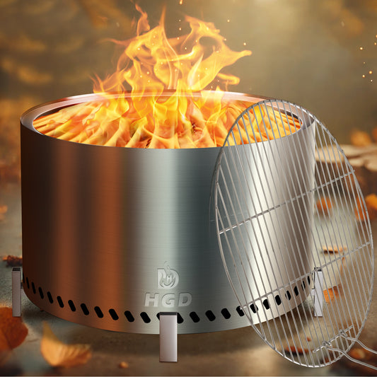 HGD 27.5" Smokeless Firepit with Stand & Grill Rack, Large Stainless Steel Wood Burning Fire Pit for Friends & Family Gatherings, Secondary Combustion Outdoor Patio Stove for Garden BBQ & Bonfire