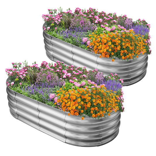 HGD Galvanized Raised Garden Bed for Outdoor: 4X2X1ft Durable Metal Vegetable Plant Container Kit - Oval Planter Box for Gardening Flower Trough (2 Pack)