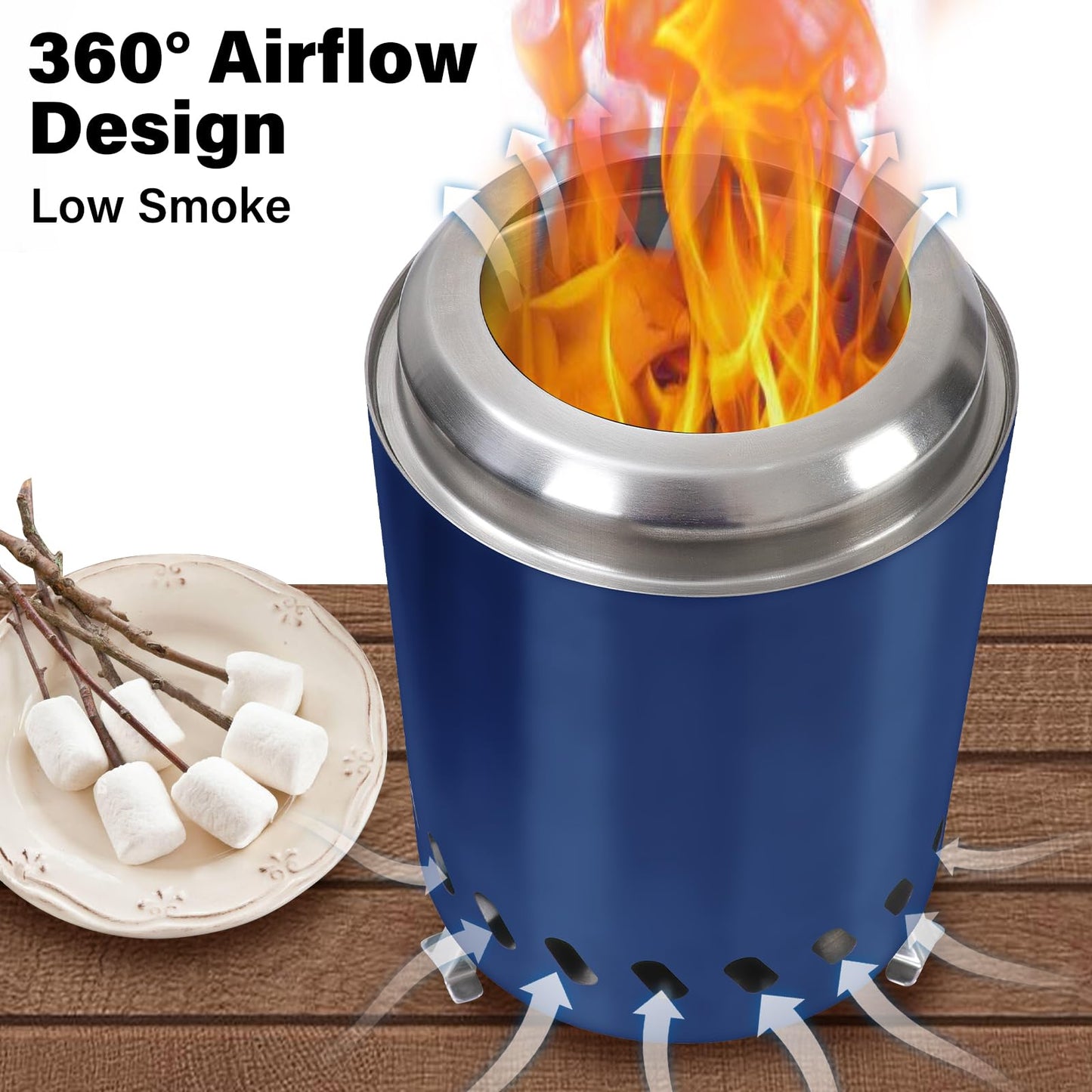 HGD 7.1in Mini Fire Pit, Small Tabletop Fire Pit, Smokeless Table Top Firepit for Patio, Indoor Outdoor with Carry Bag, Fueled by Pellets or Wood, Stainless Steel, Navy Blue