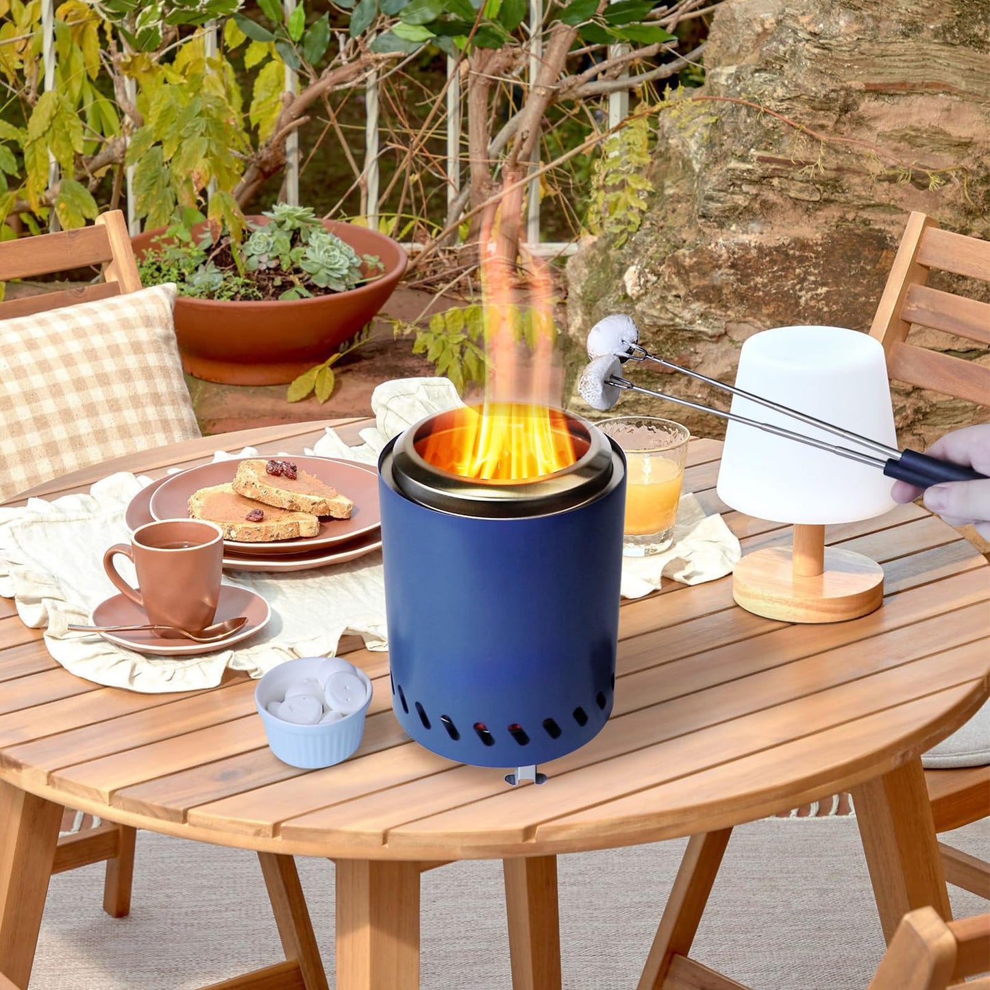 HGD 7.1in Mini Fire Pit, Small Tabletop Fire Pit, Smokeless Table Top Firepit for Patio, Indoor Outdoor with Carry Bag, Fueled by Pellets or Wood, Stainless Steel, Navy Blue