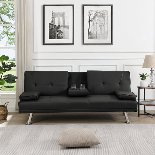 Modern Linen Upholstered Convertible Folding Futon Sofa Bed with Removable Armrests, Metal Legs, 2 Cup Holders for Living Room